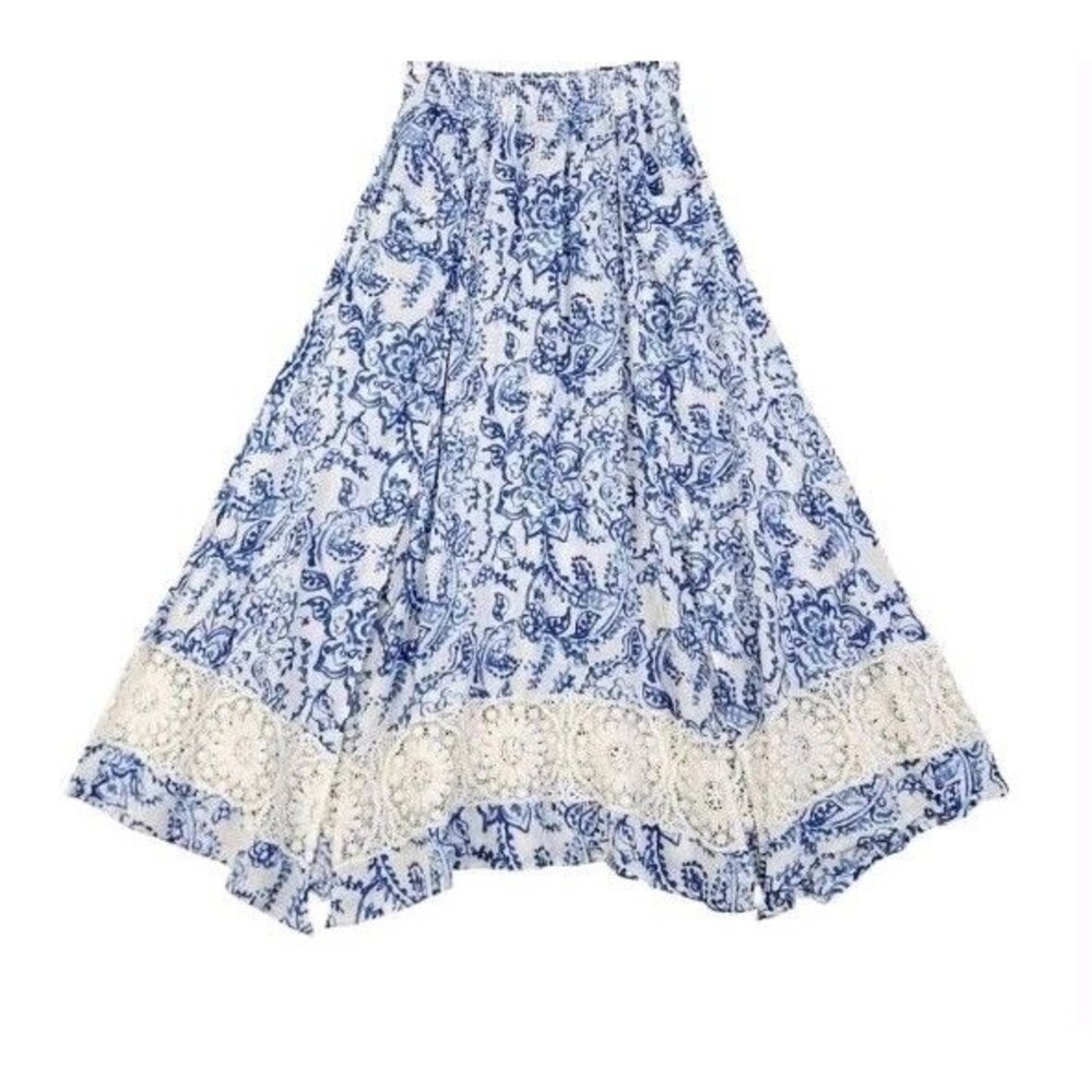 Caroline Constas Womens Blue Linen Paisley Lace Floral Crochet Maxi Skirt Size M